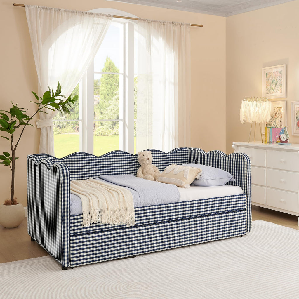 Navy Gingham Linen Upholstered Twin Size Daybed with Trundle C16775