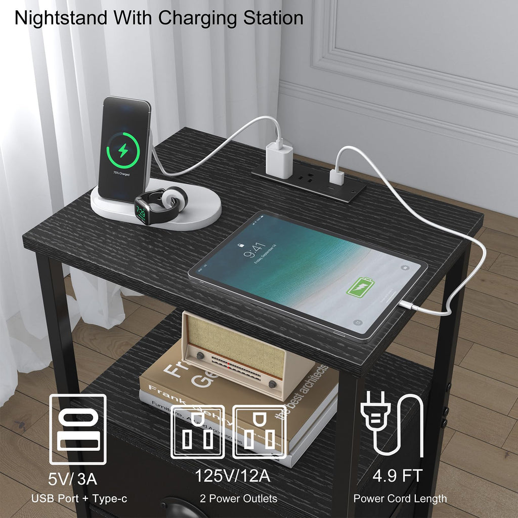 Black Nightstand with Charging Station and 2 Fabric Drawers S3950