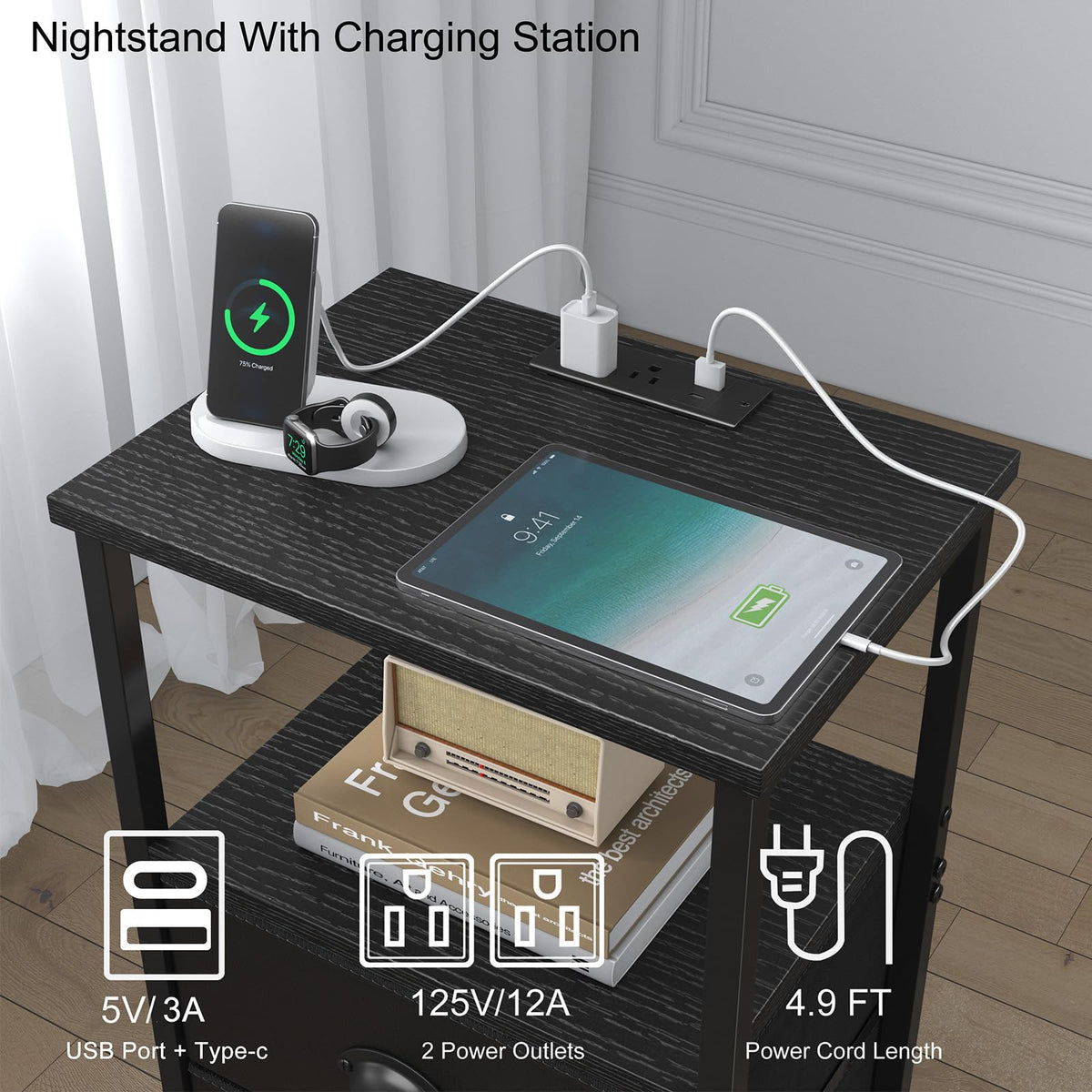 Black Nightstand with Charging Station and 2 Fabric Drawers S3950