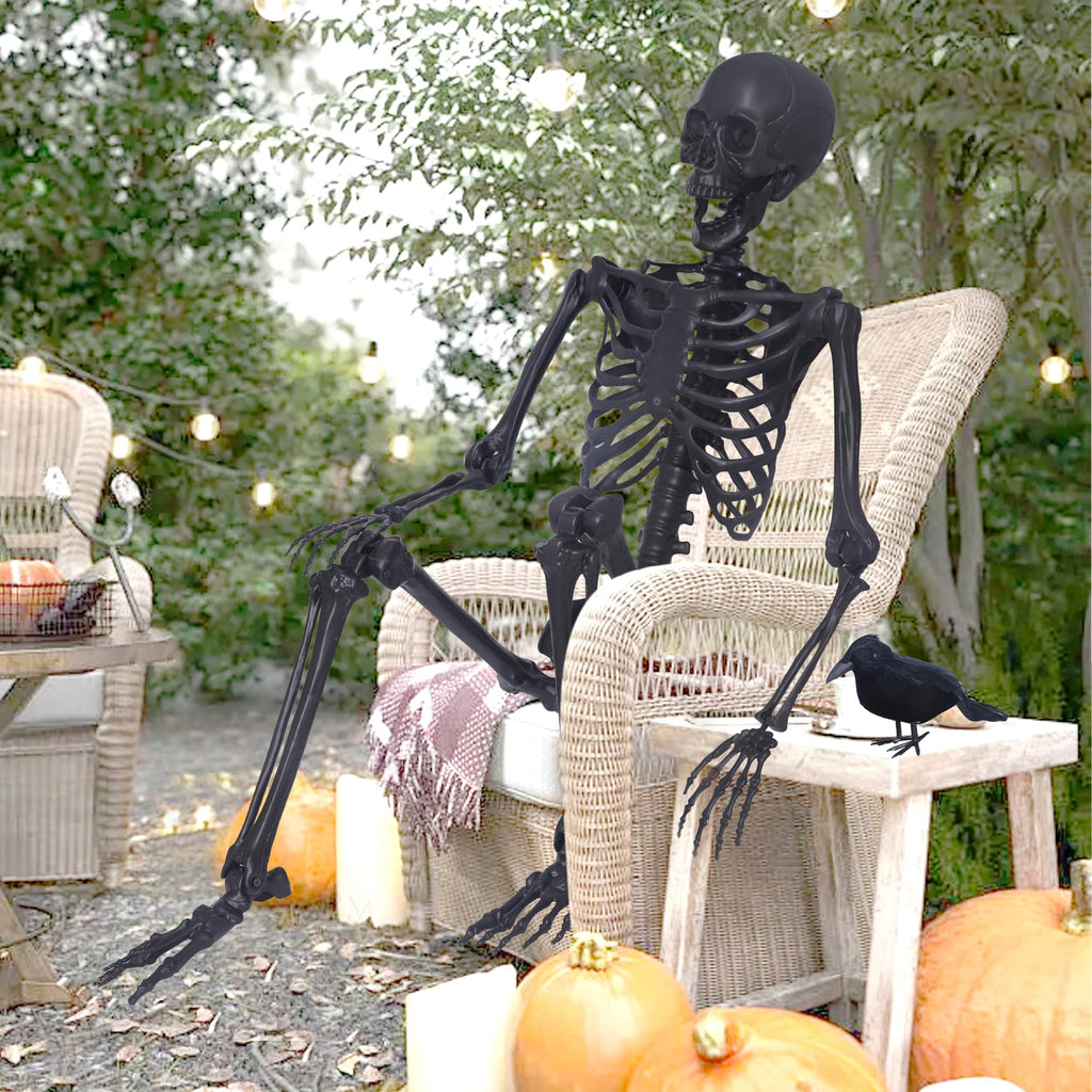 5.4Ft Posable Skeleton with Movable Joints and 2PC Black Feathered Crows I55895