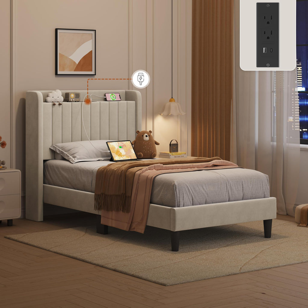 Twin Bed Frame with Storage Headboard V9826