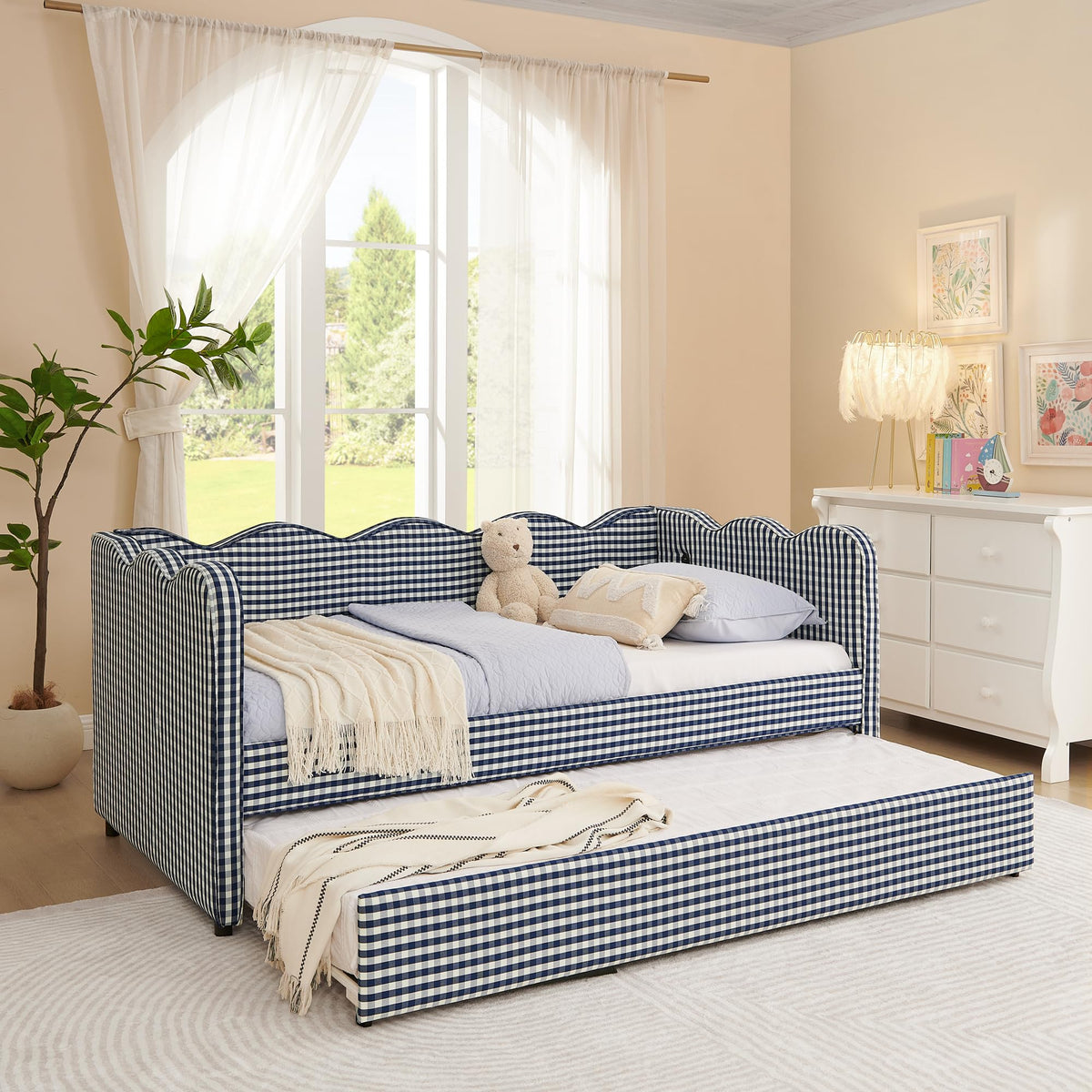Navy Gingham Linen Upholstered Twin Size Daybed with Trundle C16775