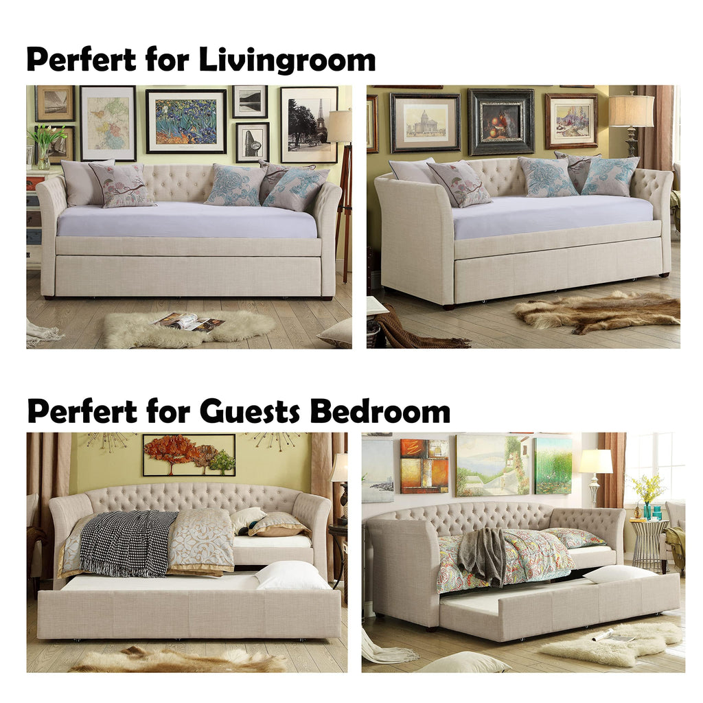 Beige Velvet Tufted Upholstered Twin Daybed with Trundle Y24543