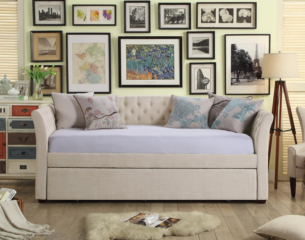 Beige Velvet Tufted Upholstered Twin Daybed with Trundle Y24543