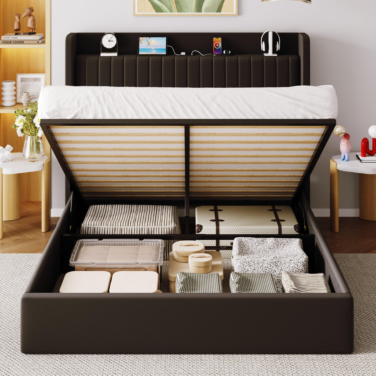 Full Lift Up Storage Hydraulic Bed Frame Black Q955157