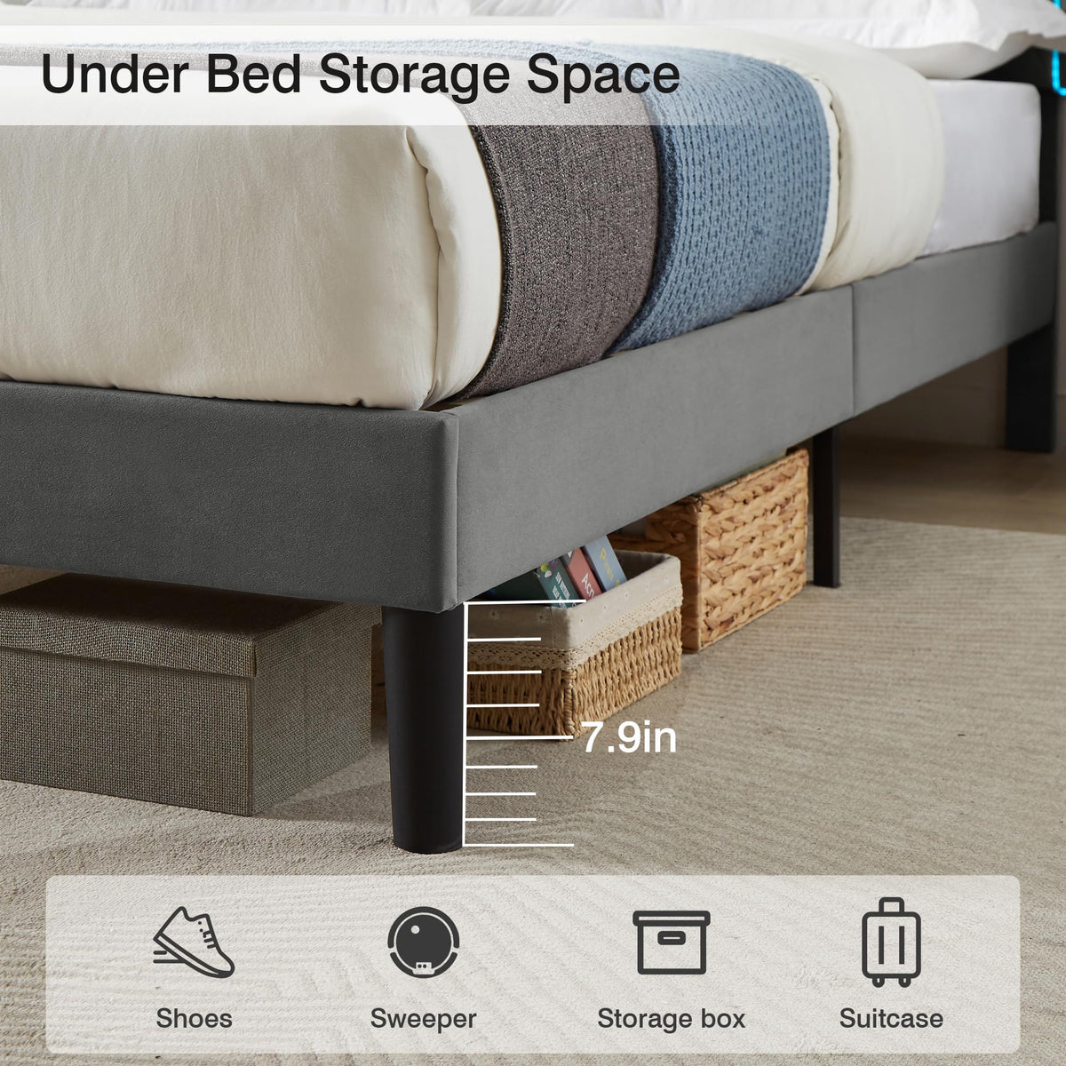 Dark Grey Velvet Upholstered Queen Bed Frame with Headboard I4361