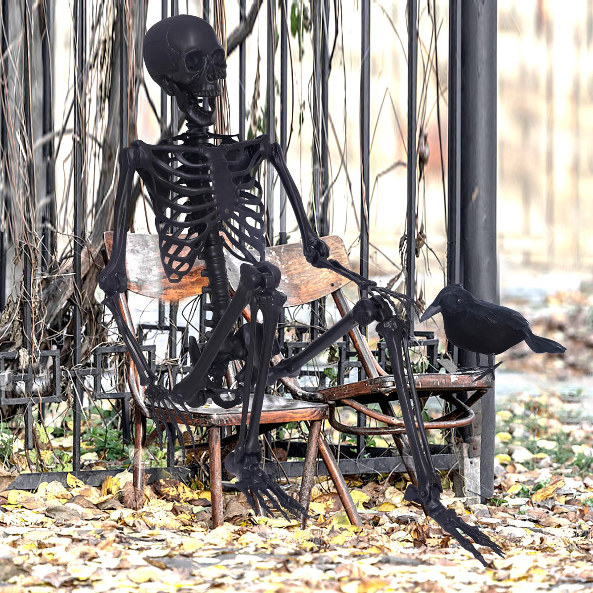 5.4Ft Posable Skeleton with Movable Joints and 2PC Black Feathered Crows I55895