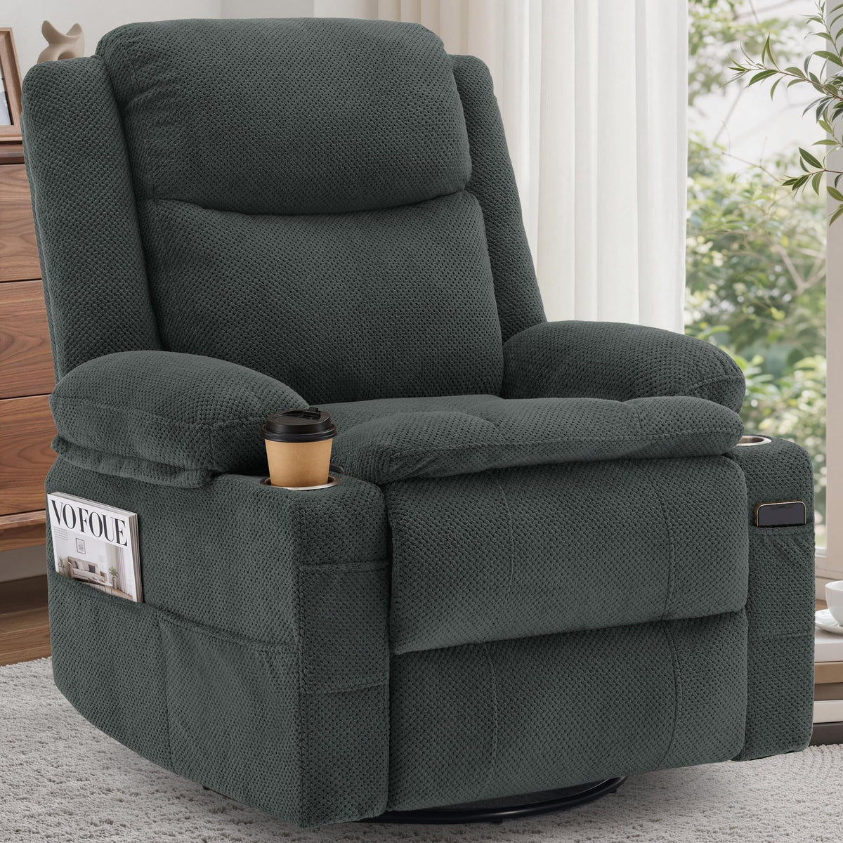 Gray Swivel Rocker Recliner with Massage & Heat M763
