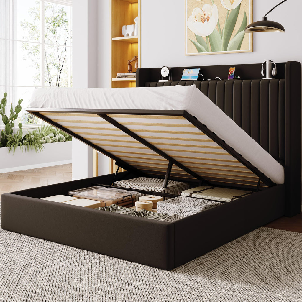 Full Lift Up Storage Hydraulic Bed Frame Black Q955157